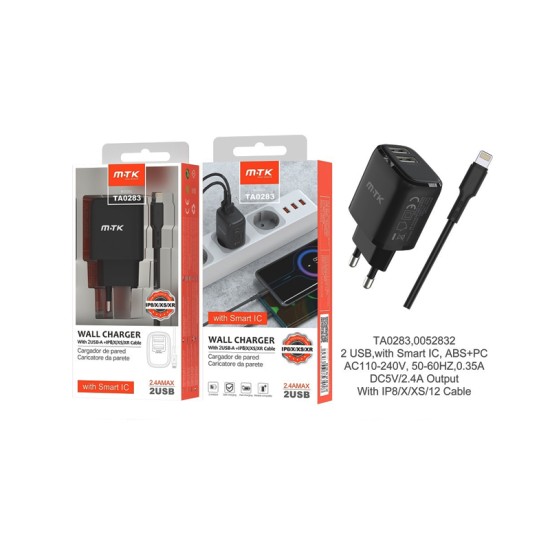 CARREGADOR ADAPTADOR RÁPIDO MTK TA0283 NE COM CABO IP 5-12 E CHIP DE RECONHECIMENTO INTELIGENTE 2 PORTAS USB 2.4A MÁX. PRETO CARREGADOR ADAPTADOR RÁPIDO MTK TA0283 NE COM CABO IP 5-12 E CHIP DE RECONHECIMENTO INTELIGENTE 2 PORTAS USB 2.4A MÁX. PRETO